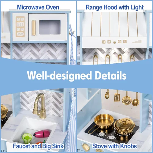 Vista 2 de BRINJOY Cocina de Juguete para Niños, Juego de Cocina de Madera para Niños con Cafetera, Horno, Estufa, Fregadero, Delantal, Máquina de Hielo