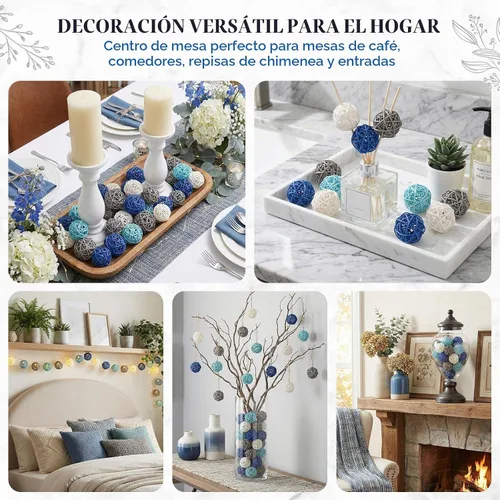 Vista 5 de DomeStar 24 unidades de bolas decorativas azules para centro de mesa de cuenco, bolas de ratán de 5 cm para relleno de cuenco Decoración de orbes