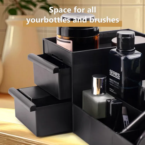 Vista 4 de Organizador de tocador negro con cajones – Caja grande de almacenamiento para hombres en encimera para colonia, cuidado de la piel, maquillaje