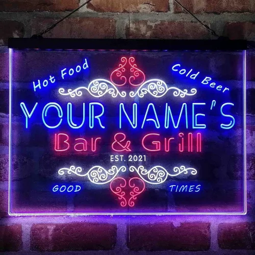 Vista 13 de Letrero de luz de neón LED tricolor personalizado para bar y parrilla, nombre personalizado, fecha, texto, cita, fuente blanco, azul y rojo, 17.7 x