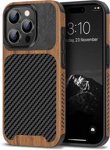 Vista 19 de TENDLIN Compatible con Funda para iPhone 15, Funda de Madera con Textura de Fibra de Carbono, Diseño Híbrido de Cuero Delgado (Negro)