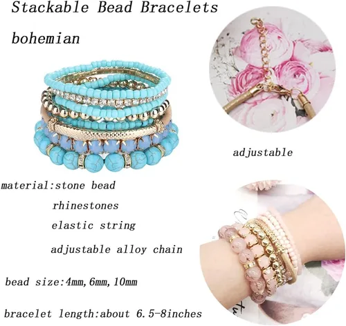 Vista 5 de FINZOR 6 juegos de pulseras bohemias apilables de cuentas para mujer, pulseras elásticas multicolores, pulseras ajustables de cuentas en capas