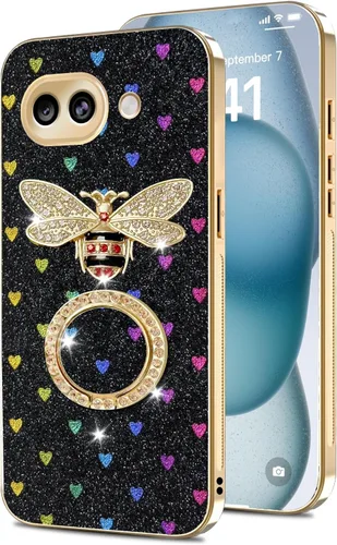 Vista 57 de nancheng Funda para Google Pixel 6 de lujo, diseño de abeja, corazón y abeja, chapado en oro, con anillo de diamante de 360°, correa de cordón