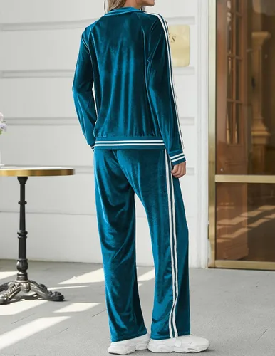 Vista 3 de Ekouaer Conjunto deportivo de terciopelo de terciopelo para mujer, 2 piezas, sudadera con cremallera y pantalones deportivos con bolsillos, tallas
