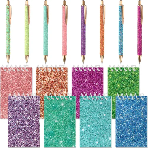 Vista 10 de Sherr Juego de 16 bolígrafos y cuadernos con purpurina, mini bloc de notas en espiral, bolígrafos elegantes para niños y niñas, lentejuelas
