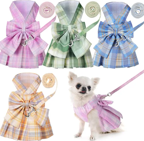 Vista 7 de Potchen Juego de 4 piezas de bonito vestido a cuadros para perro con arnés de lazo y correa para perros pequeños, ropa de cachorro para niñas