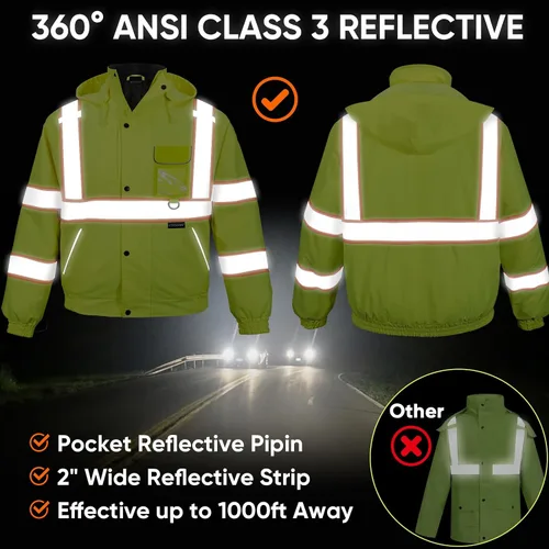 Vista 6 de TICONN Waterproof Safety Bomber Jacket, Winter Rain Jacket Hi Vis Reflective, ANSI Class 3 Work Rain Coat