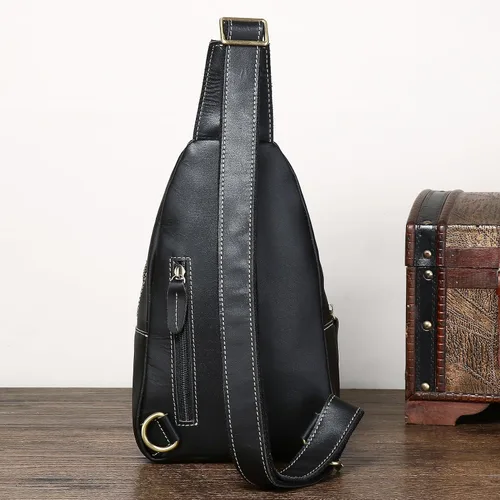 Vista 8 de Bolso bandolera de cuero genuino para hombres y mujeres, mochila en el pecho, bandolera, casual, al aire libre