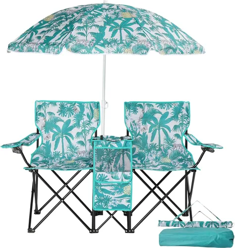 Vista 13 de Silla plegable, silla de camping portátil de 2 asientos con sombrilla extraíble, sillas plegables para exteriores, sillas portátiles de pesca