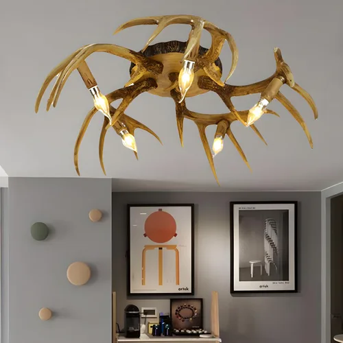 Vista 3 de LITFAD Antlers - Lámpara de techo de resina de estilo rústico, lámpara de techo LED retro, lámpara de techo para dormitorio, sala de estar