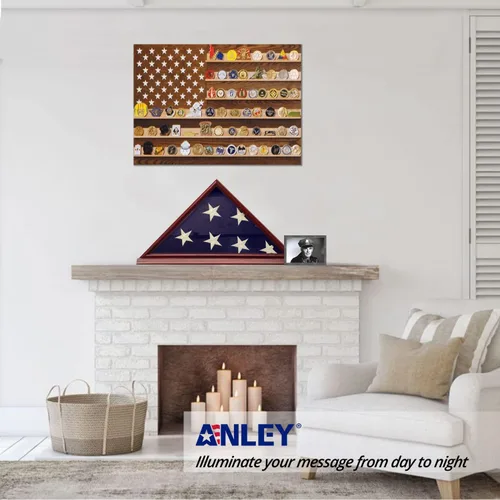 Vista 4 de ANLEY Vitrina conmemorativa de madera maciza con base, parte delantera de cristal real, marco de bandera de entierro montado en la pared, caja