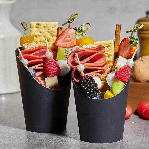 Vista 7 de Ocmoiy Vasos para embutidos con palillos negros desechables de 14 onzas de papel kraft, vasos individuales de aperitivo para servir en fiestas