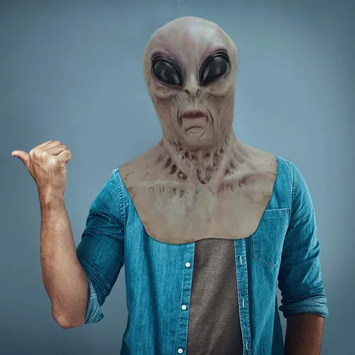 Vista 4 de Halford Máscara de alienígena OVNI, máscara de látex realista de Halloween para adultos, para viajes espaciales, máscara de cabeza de ojos morados
