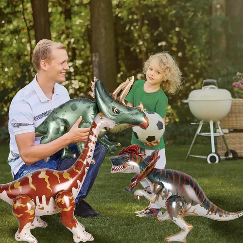 Vista 6 de Globos grandes de dinosaurio de 38 pulgadas, 3 piezas de decoraciones de cumpleaños de dinosaurio autosostenibles. Globos de triceratops