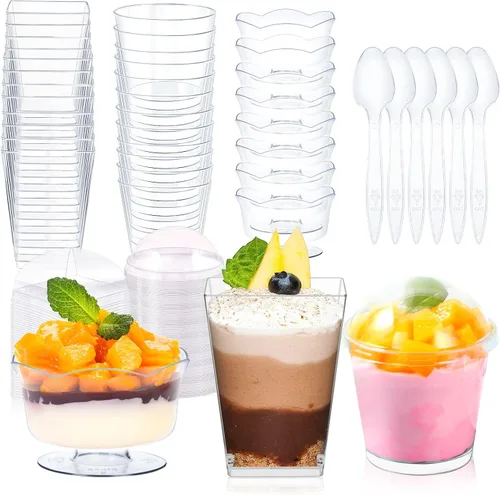 Vista 11 de Paquete de 360 tazas de postre de 5 onzas y 6 onzas con tapas y cucharas, 3 estilos de vasos de plástico transparente para aperitivos, desechables