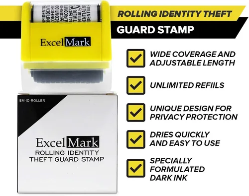 Vista 4 de ExcelMark Sello de protección contra robo de identidad rodante con juego de tinta de repuesto, 3 botellas de tinta de recambio