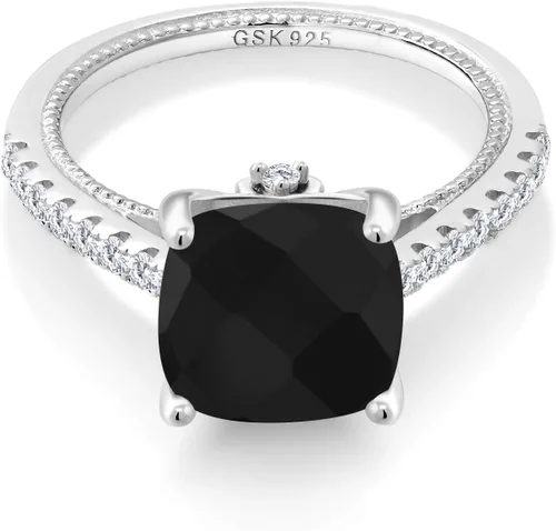 Vista 3 de Gem Stone King Anillo de compromiso de plata de ley 925 con ónix negro y zafiro blanco creado para mujer