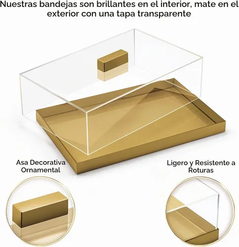Vista 3 de Soporte acrílico para tartas Bandeja multifuncional para servir Elegante bandeja dorada para alimentos con tapa transparente Perfecto como