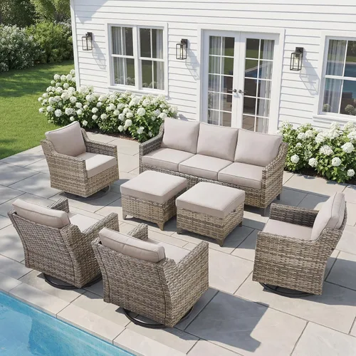 Vista 61 de Belord Sofá de patio exterior acolchado de 3 asientos de lujo de 6 pulgadas Cojín de mimbre marrón/beige de 6 pulgadas