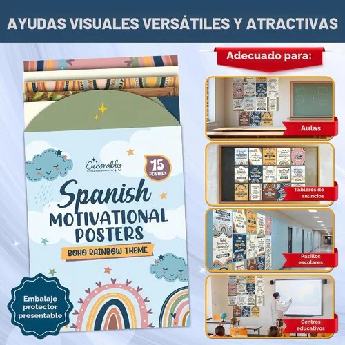 Vista 8 de Decorably 15 carteles de aula de español boho arco iris escuela secundaria Arco iris Boho