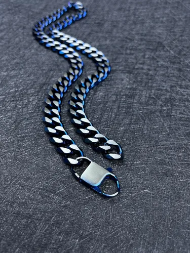 Vista 46 de YAMI Cadena de eslabones cubanos para hombre, azul/negro/oro de 14 quilates, acero inoxidable de 0.394-0.472 in de grosor, collar de cadena