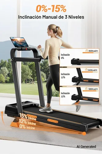 Vista 2 de Walking Pad Treadmill with 15% Incline & Handle Bar, Treadmills for Home
