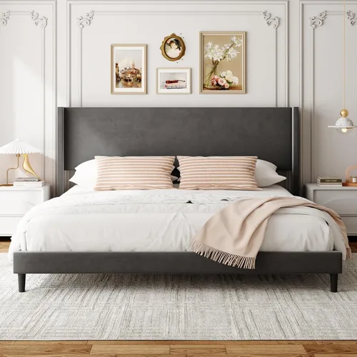 Vista 10 de Sismplly Base de cama matrimonial con cabecera con respaldo de ala, cama de plataforma tapizada de terciopelo, listones de madera fuertes, Beige