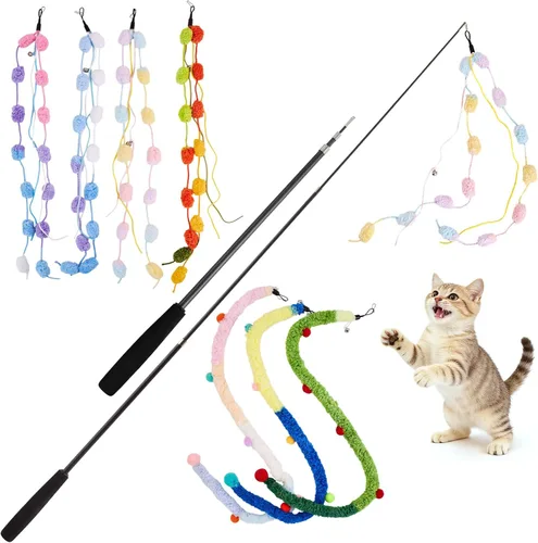 Vista 8 de Juguete de varita para gatos, 8 piezas retráctiles de felpa Srtip para gatos, juguetes con campana y cuerda, juguetes interactivos largos