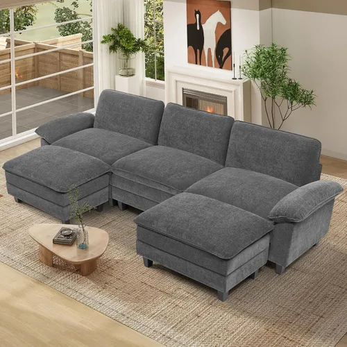 Vista 20 de Sofá modular modular de 118 pulgadas, cómodo sofá seccional de chenilla de 3 asientos para sala de estar, dormitorio y apartamento, color beige Pana