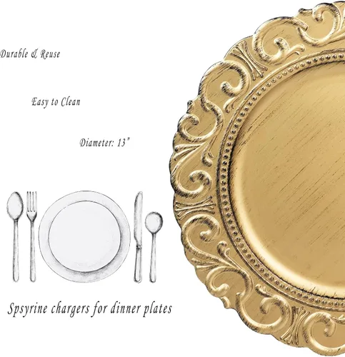 Vista 2 de Spsyrine Platos Base Dorados, Juego de 6 Platos Base para Platos de Cena, Platos Base de Mesa de 13 Pulgadas para Bodas al Por Mayor, Decoración