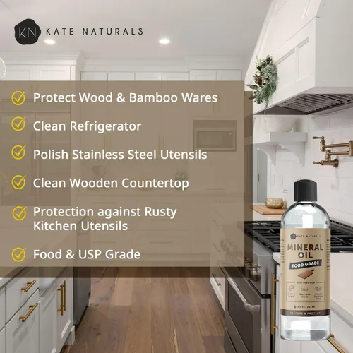 Vista 3 de Kate Naturals Aceite mineral para tabla de cortar madera, bloque de carnicero y cuchillo. Aceite mineral de grado alimenticio para tabla de cortar