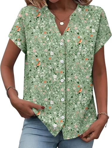Vista 10 de Zeagoo Camisas con botones para mujer, camisetas de manga corta, cuello en V, blusas casuales de negocios