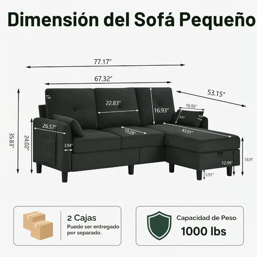 Vista 2 de Sofá modular convertible, pequeño en forma de L de 3 asientos con diván de almacenamiento reversible, sofá moderno de tela de poliéster para sala