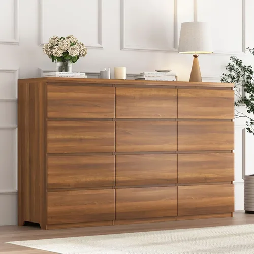 Vista 10 de Cómoda negra de 12 cajones para dormitorio, cómoda moderna con cajones profundos de 63 pulgadas, cómoda de almacenamiento ancha y larga, muebles