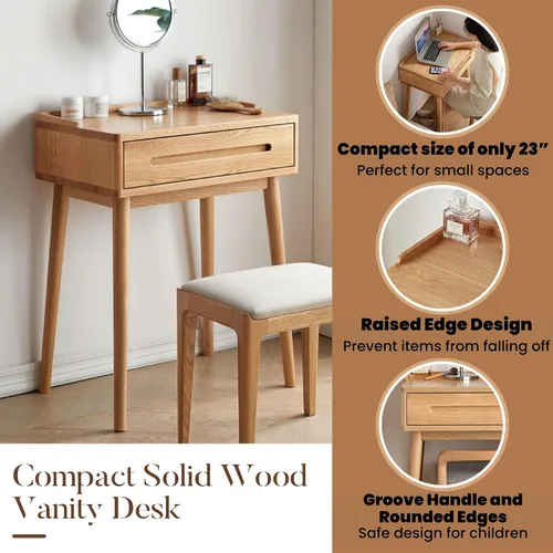 Vista 4 de Escritorio compacto de madera maciza con organizador de cajones, bordes redondeados y fácil montaje para espacios pequeños, mesa de maquillaje