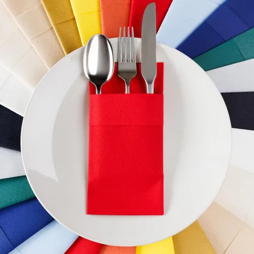 Vista 11 de Servilletas de bolsillo American Homesttead, paquete de 50 unidades, 15.75 x 15.75 pulgadas, papel de lino con tacto airlaid, plegadas con bolsillo