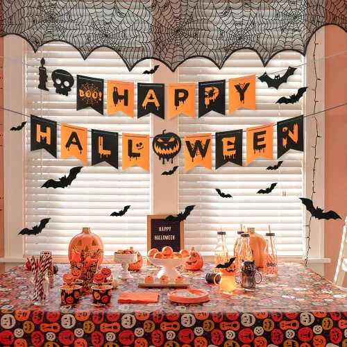 Vista 7 de Kit de decoración de Halloween para chimeneas interiores, mantos, decoración de telaraña, calcomanías de decoración de Halloween de murciélagos