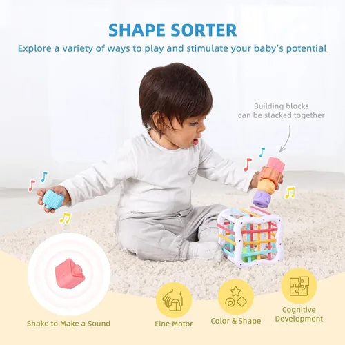 Vista 4 de OOOK Juguetes Montessori para niños de 1 año, kit educativo de aprendizaje 7 en 1 con cubo sensorial, caja de anidación, caja educativa 3 en 1