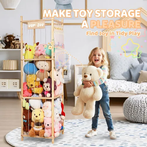 Vista 8 de Organizador de almacenamiento de animales de peluche, soporte grande de madera para juguetes de zoológico con bolsillos, peluches, almacenamiento