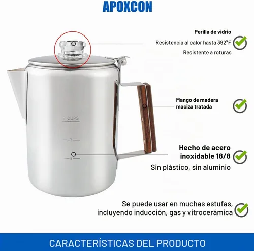 Vista 5 de APOXCON Cafetera de acero inoxidable con perilla de vidrio para usar en cualquier estufa, sin aluminio, sin plástico (9 tazas)