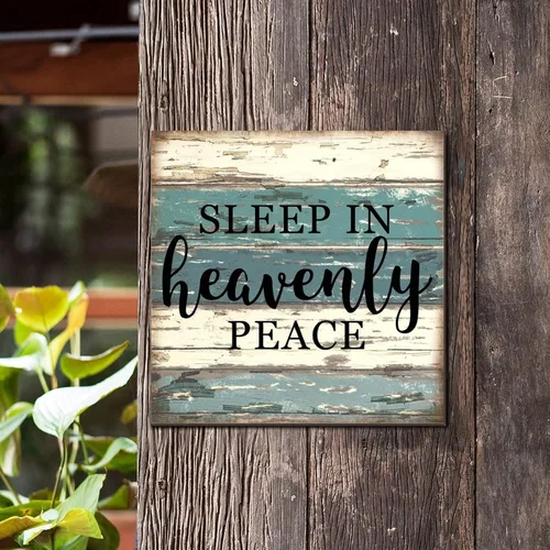 Vista 4 de SILYHEART Sleep in Heavenly Peace Wooden Framed Signs Wood Plaque Sign Retro Christian Quote Wall Decor Farmhouse Rustic Wooden for Home Front Door