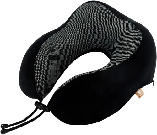 Vista 3 de Almohada de viaje de espuma viscoelástica, almohada para el cuello con soporte de cabeza de 360 grados, cómoda ideal para dormir en avión, Negro