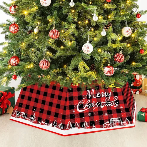 Vista 6 de Collar de árbol de Navidad, diseño a cuadros, cubierta de base de árbol de Navidad, falda de base de árbol hexagonal de tela con seis patrones, base