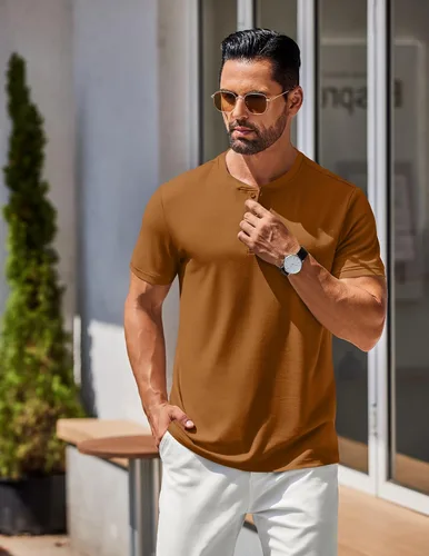 Vista 7 de COOFANDY Camisetas Henley de algodón de manga corta para hombre, estilo casual, con botones, camiseta básica Henley