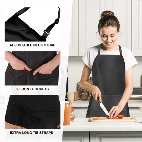 Vista 3 de Paquete de 2/8/20 delantales negros para cocinar, delantales de chef para mujeres y hombres con bolsillos, delantales ajustables a granel