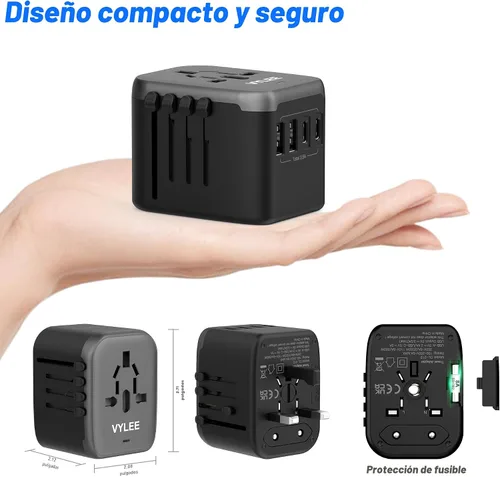 Vista 8 de VYLEE - Adaptador de viaje universal, adaptador de corriente internacional 5 en 1, cargador de pared 3.5A 2xUSB-A y 2 USB C, enchufe esencial