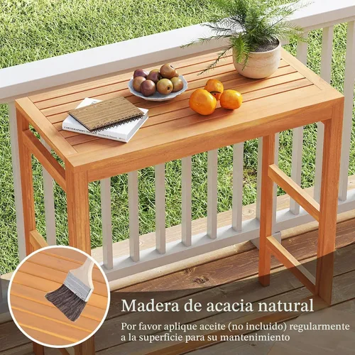 Vista 8 de Tangkula Mesa de bar plegable de madera de acacia para exteriores, mesa rectangular para patio, mesa de bar con mesa de listones, para balcón