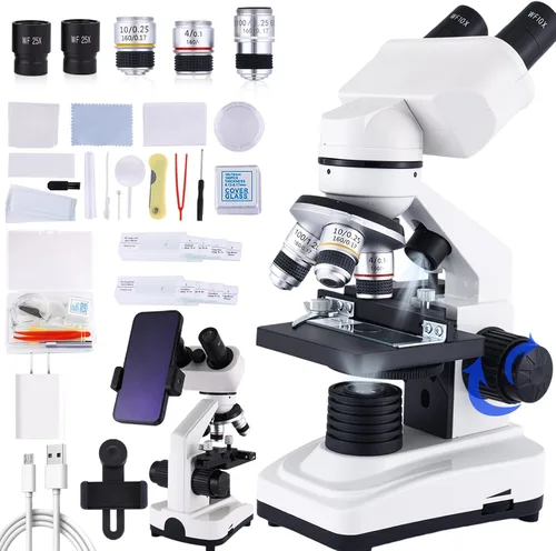 Vista 9 de Microscopio binocular 40X-2500X, oculares WF10x y WF25x, iluminación LED, con soporte para pieza de mano, para principiantes, microscopio