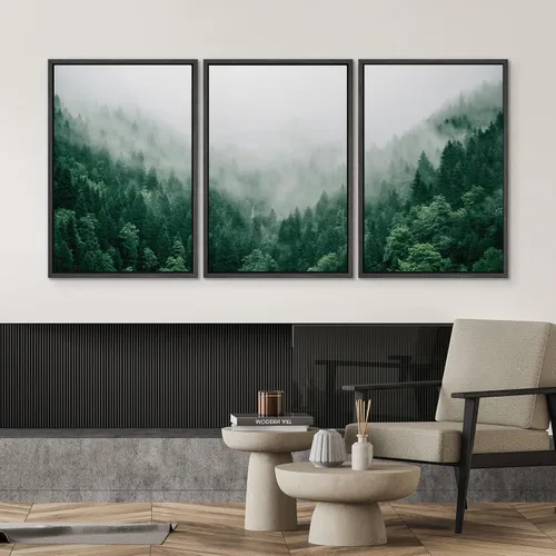 Vista 596 de SIGNWIN Lienzo enmarcado para pared, juego de arte pastel con cadena montañosa, bosque, niebla, naturaleza silvestre, ilustraciones modernas, arte