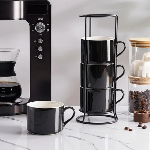 Vista 6 de Juego de 4 tazas de café apilables de 10 onzas con soporte de Negro